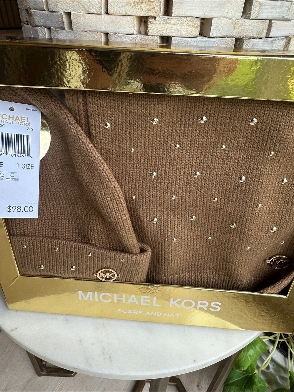 Michael Kors Brown Knit Beanie and Scarf Set with Crystal Studs